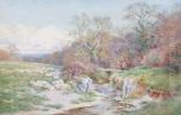 Figures Crossing A Stream With Sheep Resting Oil Painting by Charles James Adams