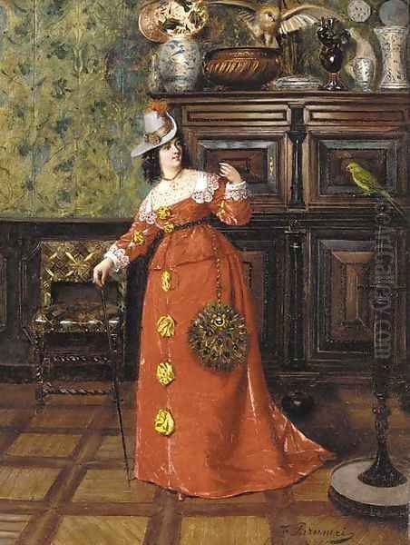 An elegant lady in a salon Oil Painting by Francois Brunery