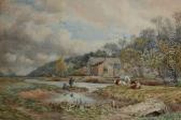 Country River Landscape With Anglers And Cattle On A Bank Oil Painting by Charles James Adams