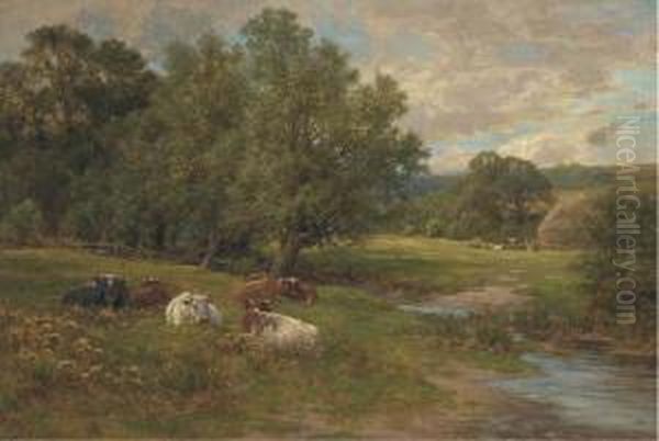 Cattle Resting By A Brook Oil Painting by Charles James Adams