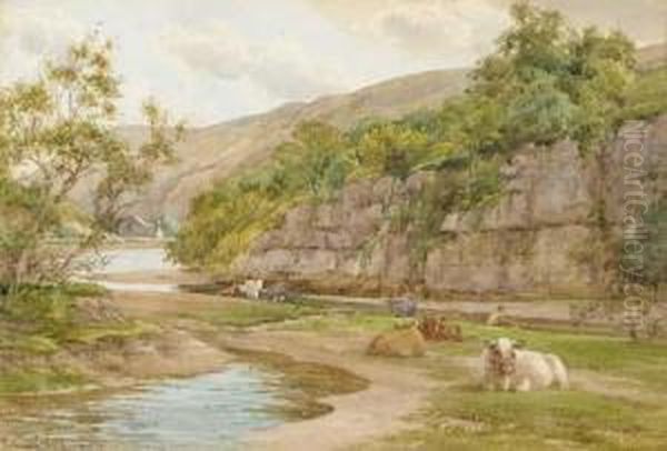 Cattle Resting On The Banks Of A River With A Fisherman Beyond Oil Painting by Charles James Adams