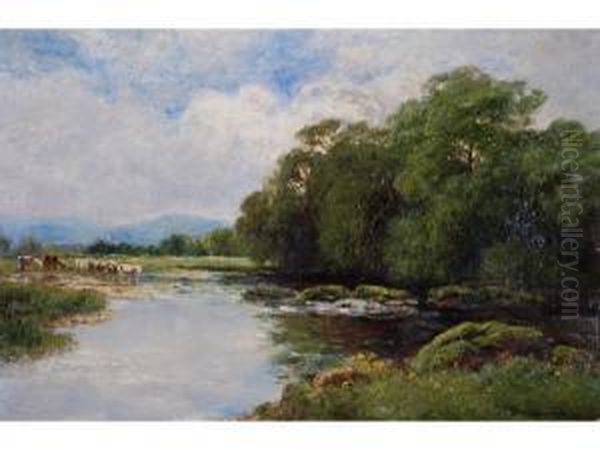 Tranquil River Scene With Cattle At Water And Hills In The Distance Oil Painting by John Clayton Adams