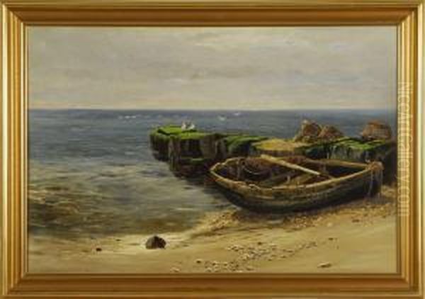 A Fishing Skiff Beached On Shore Oil Painting by John Clayton Adams