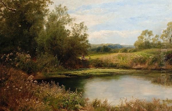 Figures Beside A Woodland Pond Oil Painting by John Clayton Adams