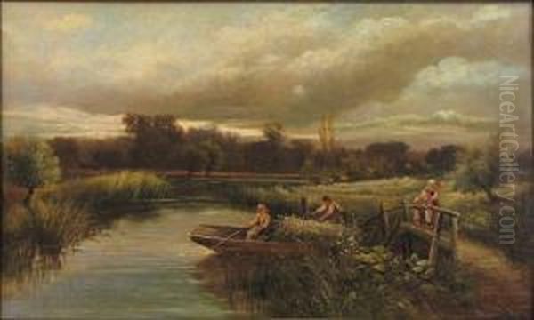 Lakeview With Boat And Figures Oil Painting by John Clayton Adams