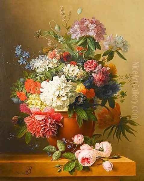 A still life of peonies, roses, honeysuckle, poppies, a crown imperial, rhododendrons and other flowers in a terracotta urn on a ledge Oil Painting by Arnoldus Bloemers