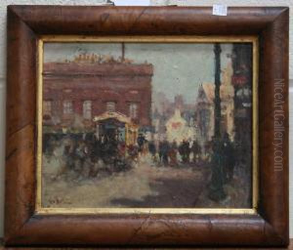 View Of A Busy Street With Figures Near A Gypsy Caravan Oil Painting by John Clayton Adams