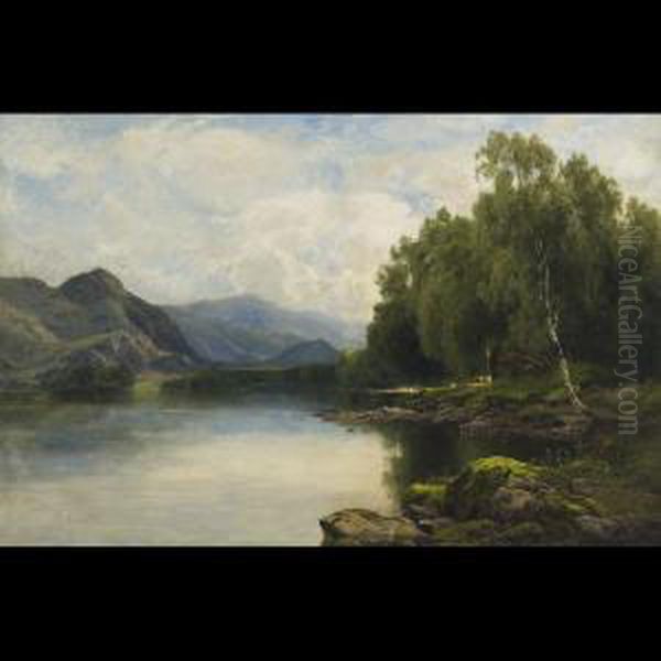 Lake View With Cattle On Shore Oil Painting by John Clayton Adams