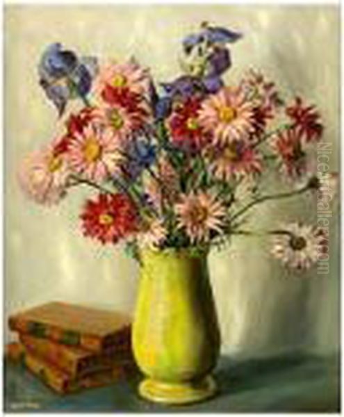 Still Life, Vase Of Flowers And Three Volumes Of Books Oil Painting by John Clayton Adams