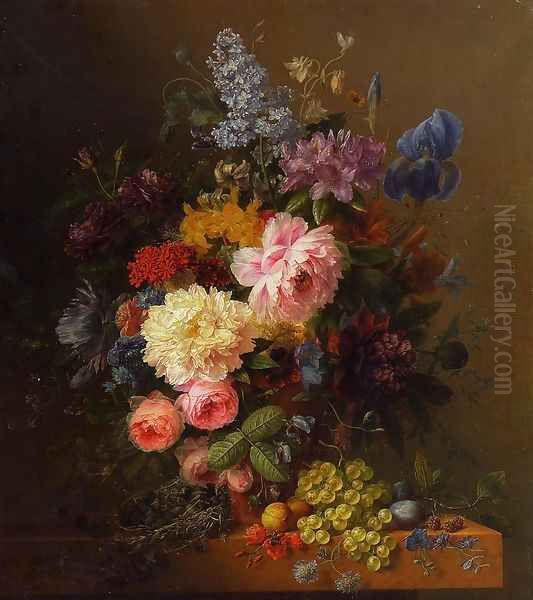 Peonies, Roses, Irises, Lilies, Lilac and Other Flowers in a Vase on a Ledge Laden with Fruit Oil Painting by Arnoldus Bloemers