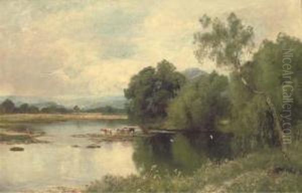 Cattle Watering By A Tranquil River Oil Painting by John Clayton Adams