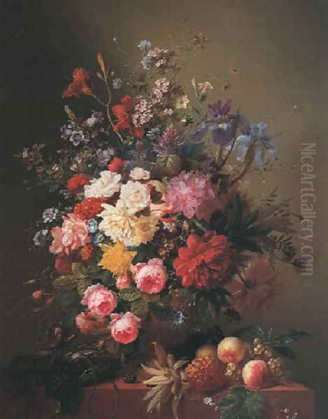 Summer flowers in an urn with fruit and game on a marble ledge Oil Painting by Arnoldus Bloemers