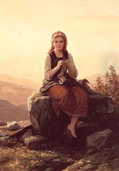 Young Girl Knitting Oil Painting by Meyer Georg von Bremen