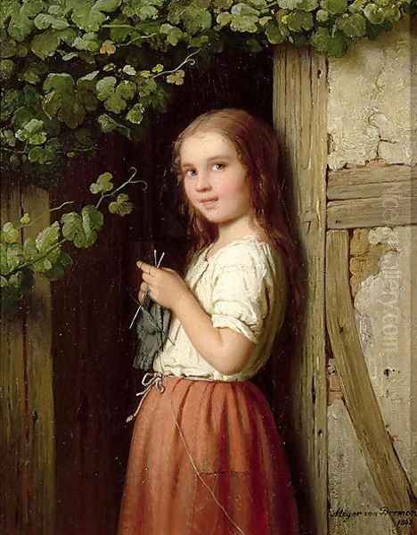 Young Girl Standing in a Doorway Knitting, 1863 Oil Painting by Meyer Georg von Bremen