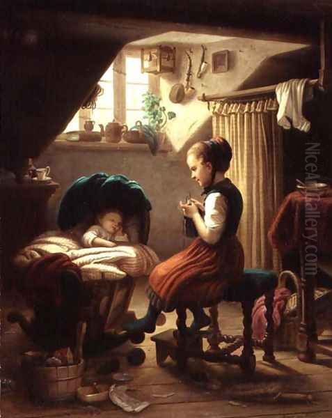 Tending the Little Ones Oil Painting by Meyer Georg von Bremen