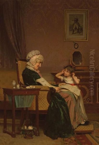 The First Lesson Oil Painting by Louis Emile Adan