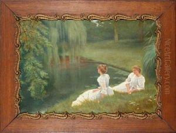 Elegant Ladies At Rest Beside A Pond Oil Painting by Louis Emile Adan