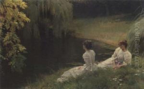 Elegant Ladies At Rest Beside A Pond Oil Painting by Louis Emile Adan