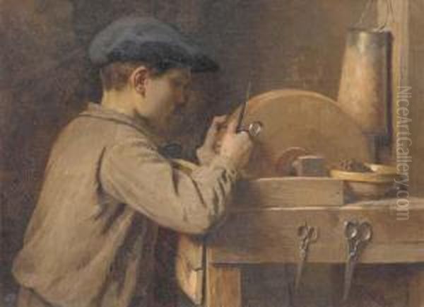 A Young Boy Grinding Scissors Oil Painting by Louis Emile Adan