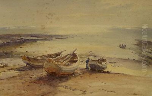 Fishing Boats On The Shoreline Oil Painting by Charles William Adderton