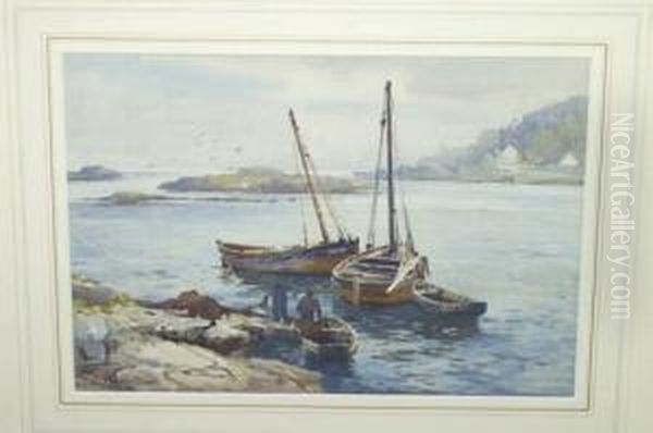 Figures And Fishing Boats Beside A Shoreline, Cottages In The Distance Signed by Charles William Adderton