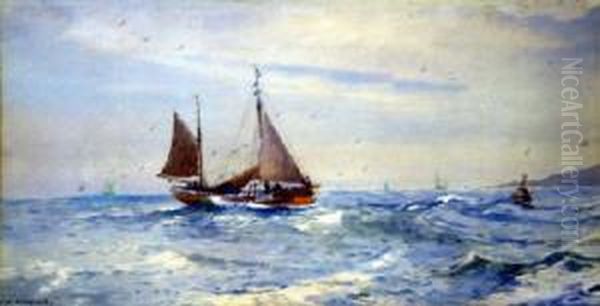 Returning To Harbour, Scarborough Signed 11.5 X 22in Oil Painting by Charles William Adderton