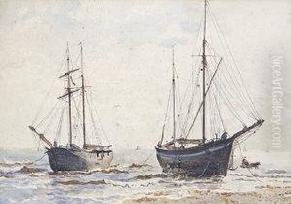 Colliers Brached On Bray Shore, Near Mouth Of River Oil Painting by Joseph Poole Addey