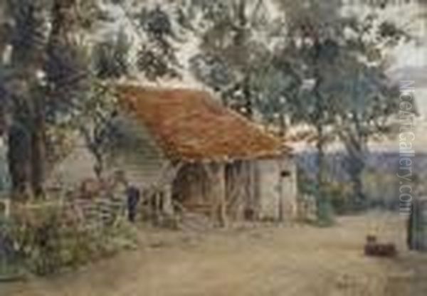 View Ofa Farmyard With A Chestnut Pony And A Sheepdog Oil Painting by Joseph Poole Addey