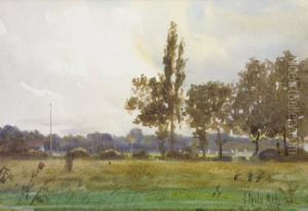 Landscape With View Of Tennis Game, Through Trees Oil Painting by Joseph Poole Addey