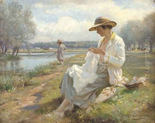 Sewing by the River Oil Painting by William Kay Blacklock