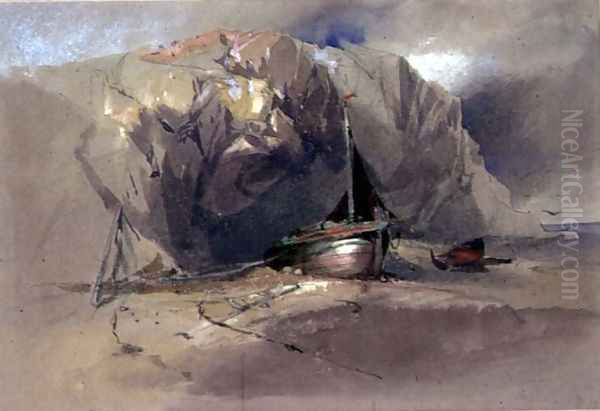 A Fishing Smack and a Small Boat drawn up on the Shore Beneath a Rocky Cliff Oil Painting by Henry Bright