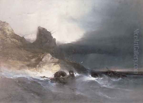 Rocky Coast with Wrecks Oil Painting by Henry Bright