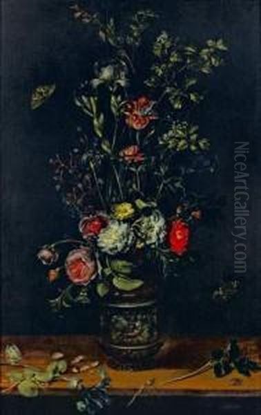 Nature Morte Au Vase De Fleurs Dans Un Vase Sculpte Animee De Papillons Et De Libellules Oil Painting by Alexander Adriaenssen