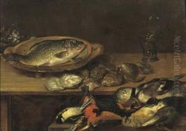 A Fish, Oysters And Songbirds On A Wooden Table Oil Painting by Alexander Adriaenssen