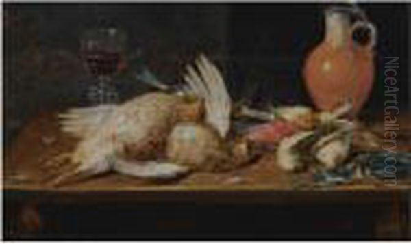 A Still Life With A Robin, A 
Kingfisher, Partridges And Songbirds,all On A Wooden Table, Together 
With A Glass And An Earthenwarejug Oil Painting by Alexander Adriaenssen