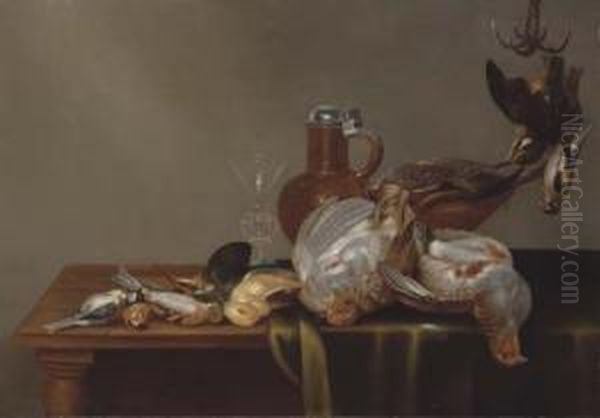 A Blue Tit, A Red Finch, A 
Patridge, A Kingfisher, And Other Dead Birds On A Half Draped Table, 
With A Glass And Silver Rimmed Jug Oil Painting by Alexander Adriaenssen