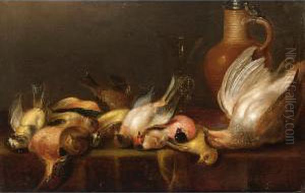 A Partridge And Various Song 
Birds With A Facon-de-venise Glass And Stoneware Jug With Tin Cover Oil Painting by Alexander Adriaenssen