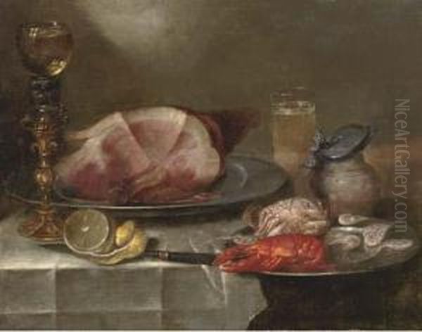 A Ham On A Pewter Plate, A 
'roemer' On A Stand, A Partially Peeled Lemon, A Pewter Plate With A 
Lobster, A Crab And Shrimps, A Pitcher And A Glass Of Beer Oil Painting by Alexander Adriaenssen