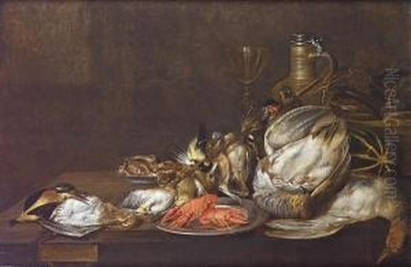 Dead Finches With A Pewter Dish 
Of Crayfish And A Dead Kingfisher, Grouse And Duck On A Table-top Oil Painting by Alexander Adriaenssen