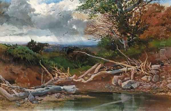 A pond in a wooded landscape Oil Painting by Henry Bright