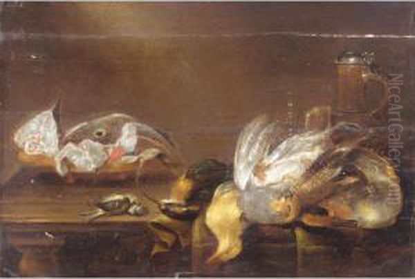 Still Life With A Bowl Of Fish, A
 Glass, A Flagon, Together With A Partridge, A Kingfisher, A Blue Tit 
And Other Songbirds On A Wooden Table Oil Painting by Alexander Adriaenssen