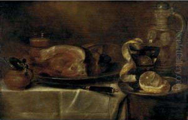 Still Life Of A Ham On A Pewter Plate And Other Objects, All On A Draped Table Oil Painting by Alexander Adriaenssen