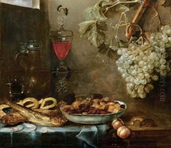 Tavola Imbandita Con Pesci, Frutta, Brocca E Bicchieri, Topo E Grappolo D'uva Oil Painting by Alexander Adriaenssen