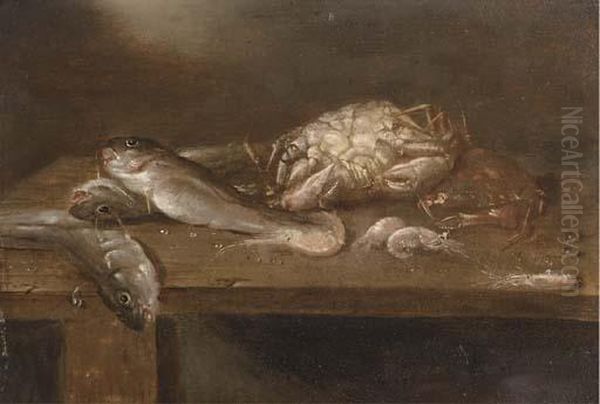 Crabs, Pikes And Shrimp On A Wooden Ledge Oil Painting by Alexander Adriaenssen