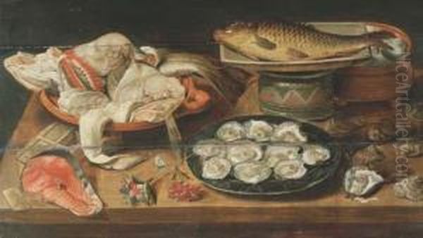 Huitres, Poissons Et Oeufs Dans 
Differents Plats, Une Darne Desaumon, Des Fleurs Et Des Coquillages Sur 
Un Entablement Enbois Oil Painting by Alexander Adriaenssen