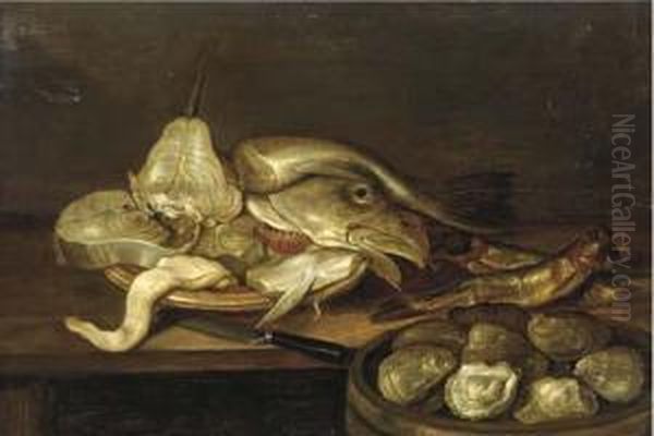 A Bowl Of Clams With A Plate Of Fish And Oysters On A Table Oil Painting by Alexander Adriaenssen