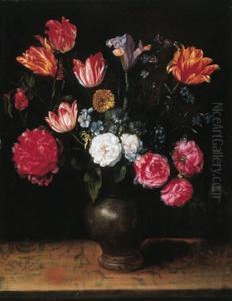 Roses, Lilies, Tulips, A Poppy And Other Flowers In A Stone Warejug On A Ledge Oil Painting by Alexander Adriaenssen