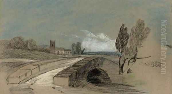 An extensive landscape with a stone bridge before a church Oil Painting by Henry Bright