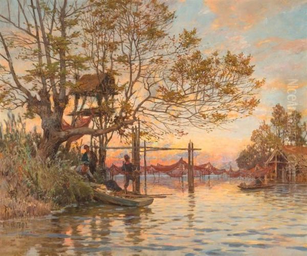 Fishermen At The Shore Oil Painting by Franz Theodor Aerni