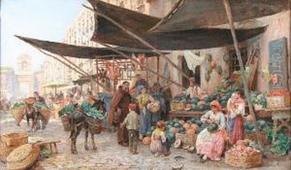 A Street Market In Naples Oil Painting by Franz Theodor Aerni